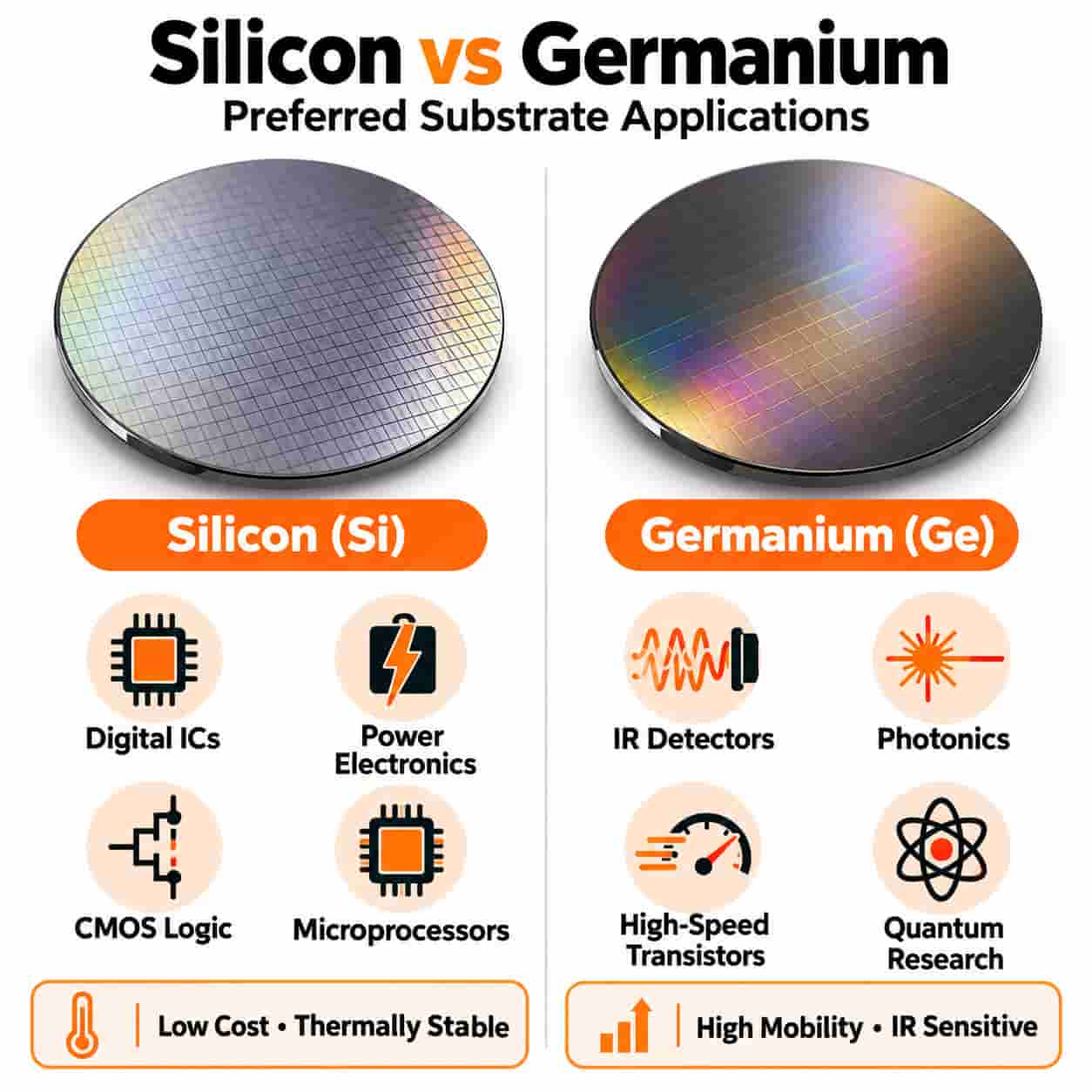 Silicon vs Germanium substrate applications including digital ICs, power electronics, IR detectors, photonics, high-speed transistors, and quantum research