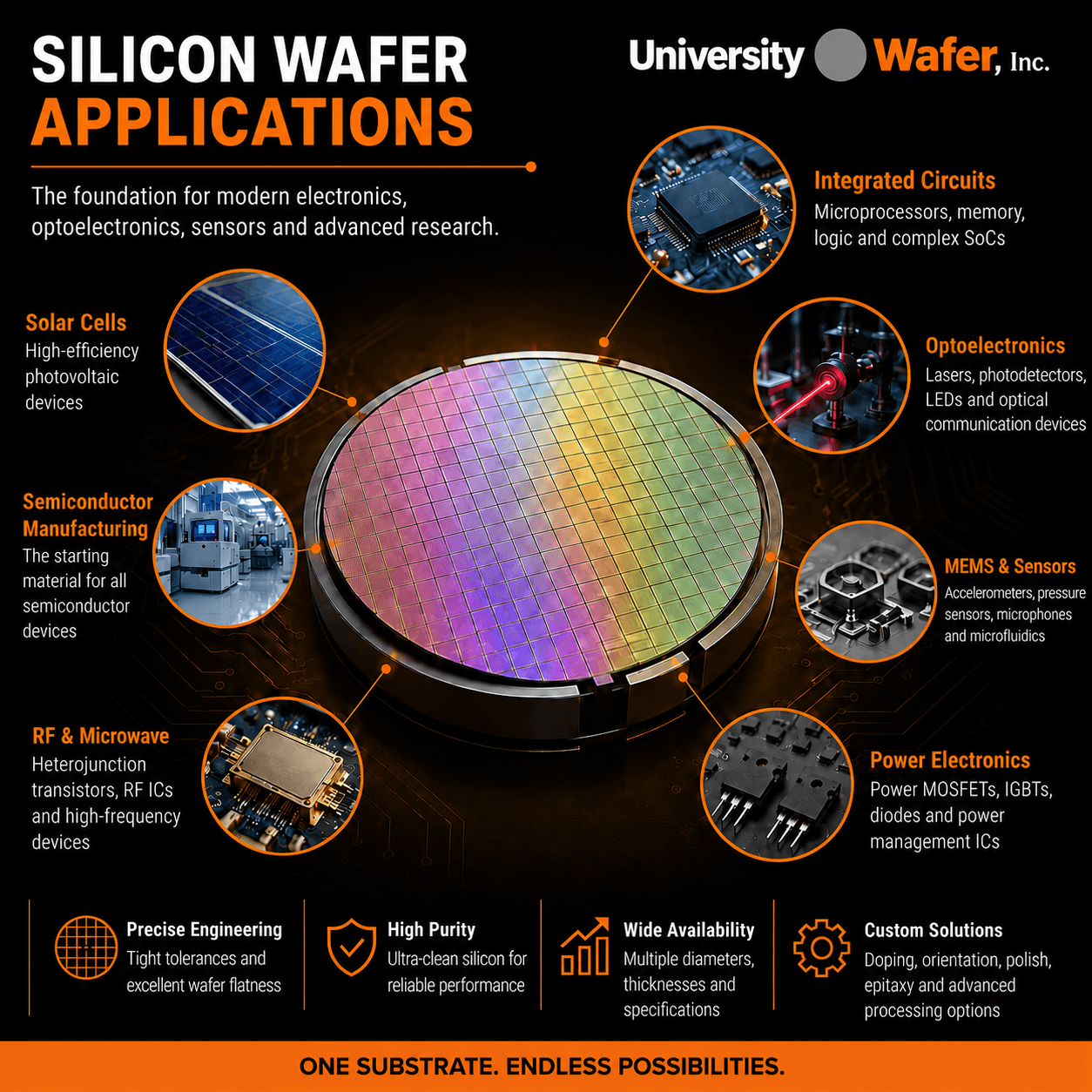 Silicon wafer applications including integrated circuits, optoelectronics, MEMS, sensors, power electronics, RF devices, solar cells and semiconductor manufacturing
