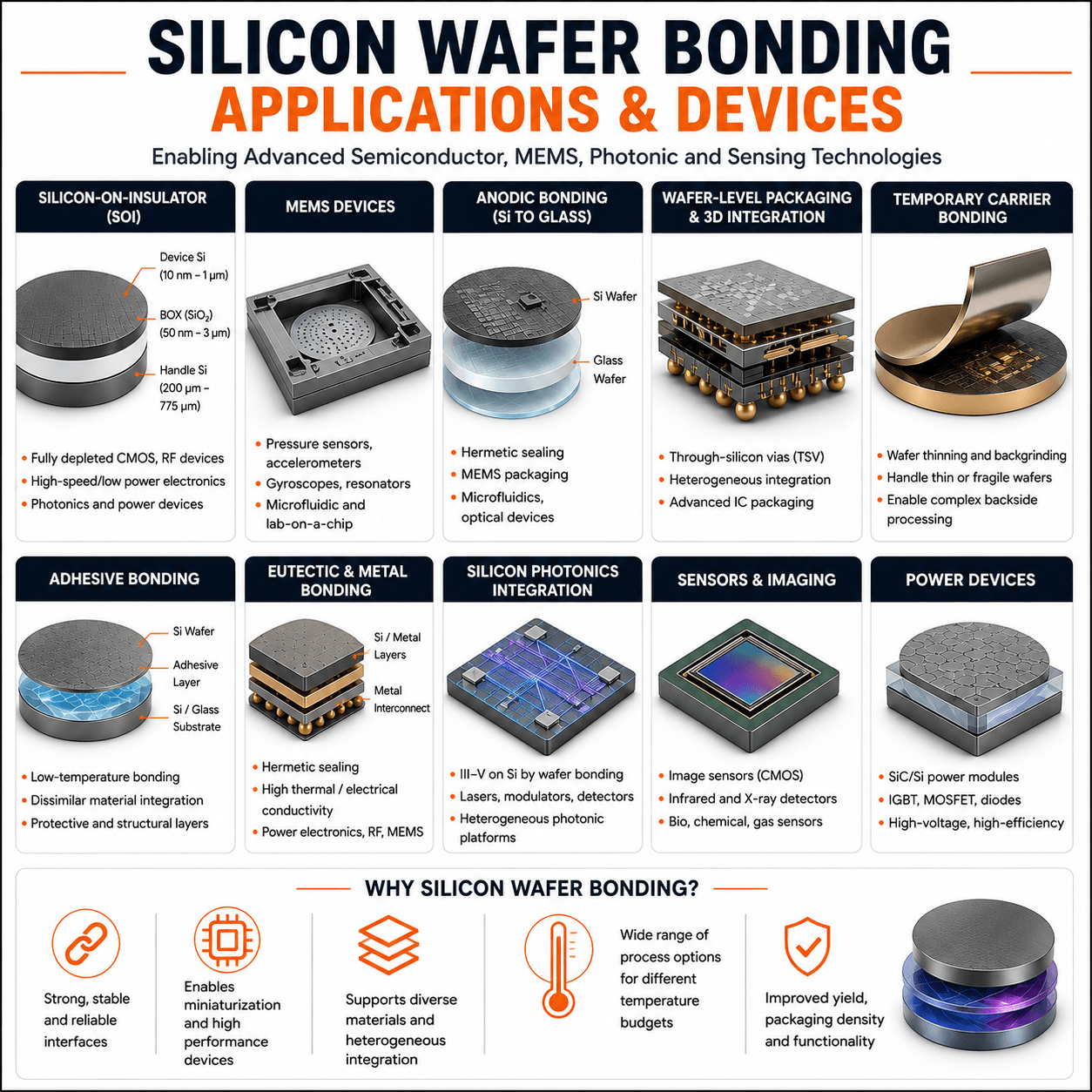 Silicon wafer bonding applications including SOI, MEMS, anodic bonding, wafer-level packaging, temporary carrier bonding, adhesive bonding, silicon photonics, sensors and power devices