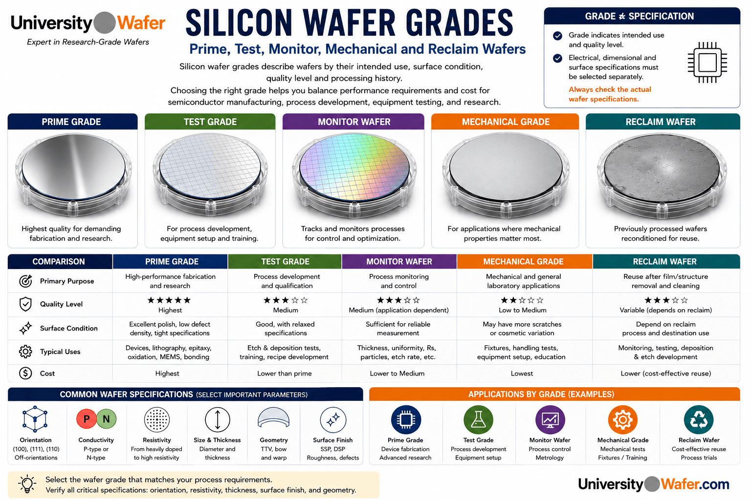 Silicon wafer grades infographic comparing prime, test, monitor, mechanical, and reclaim wafers with common specifications and applications