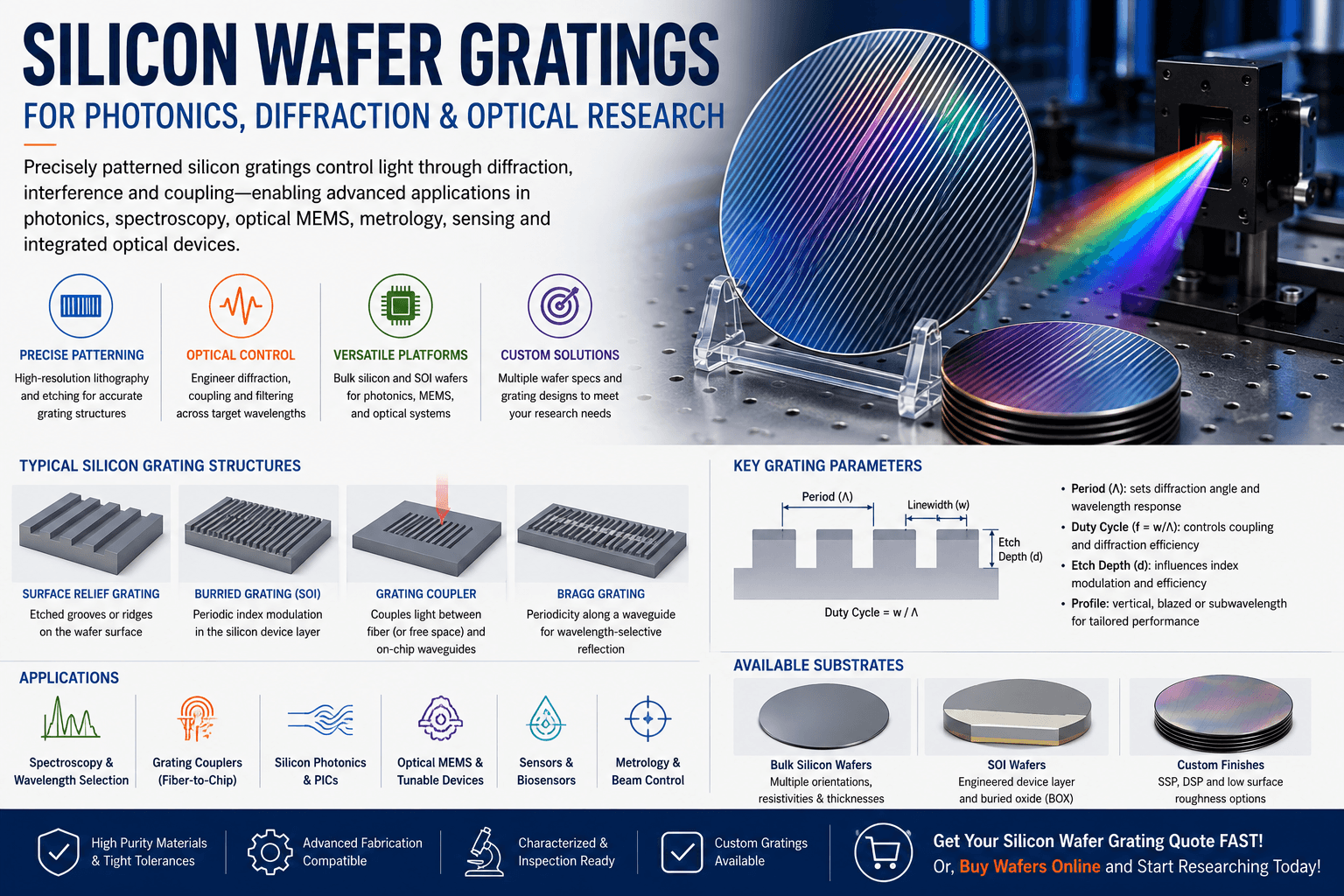 Silicon wafer gratings for photonics, diffraction, spectroscopy, grating couplers, optical MEMS, sensors and integrated optical research