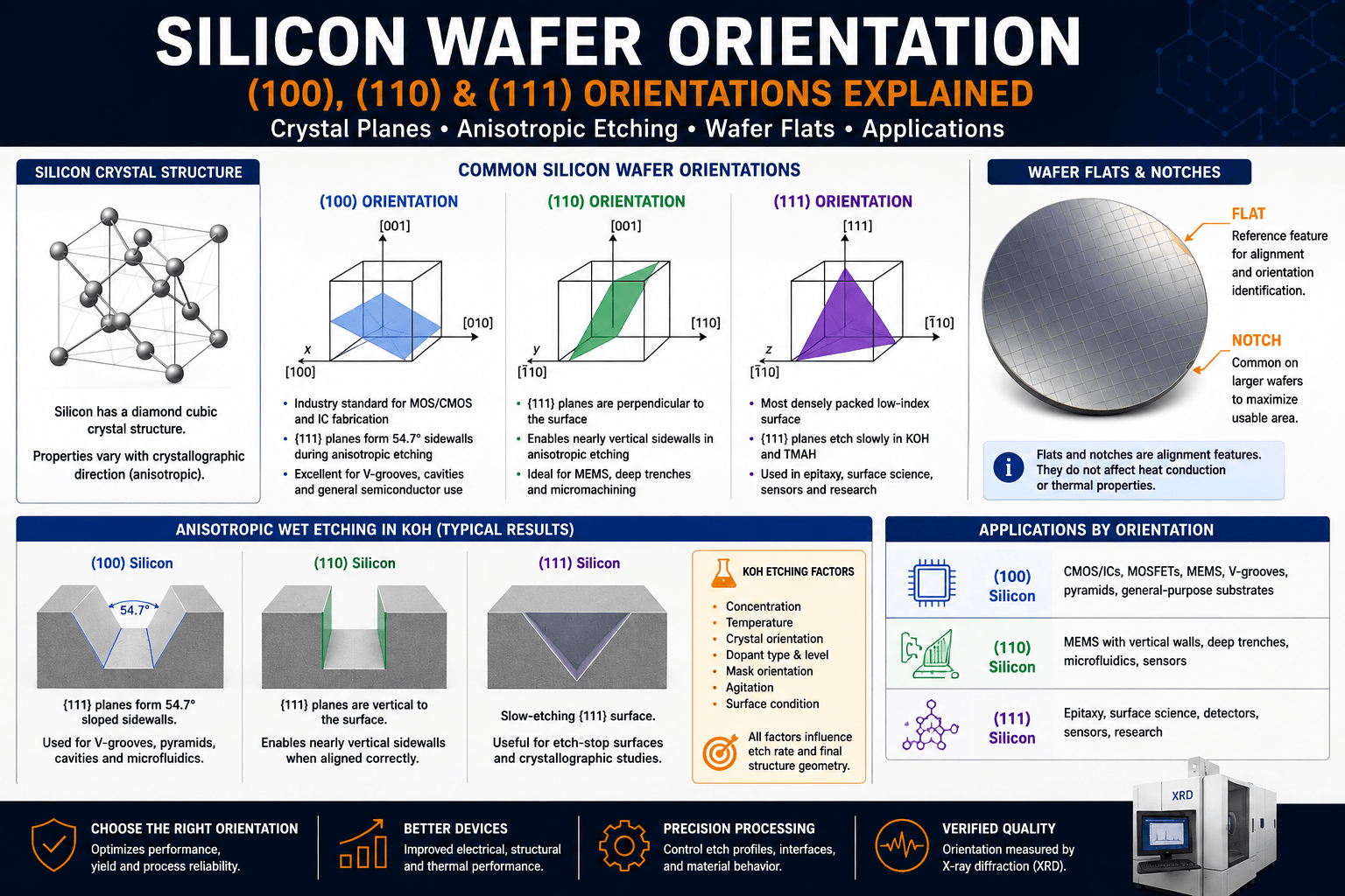 Silicon wafer orientation infographic comparing (100), (110), and (111) crystal planes, anisotropic KOH etching, wafer flats and notches, and semiconductor applications