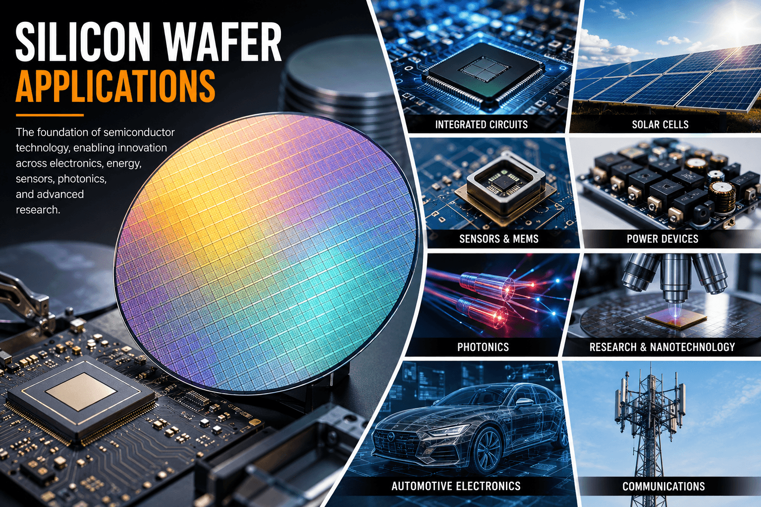 Real-world silicon wafer applications including integrated circuits, solar cells, MEMS sensors, power electronics, photonics, nanotechnology, automotive electronics and communications