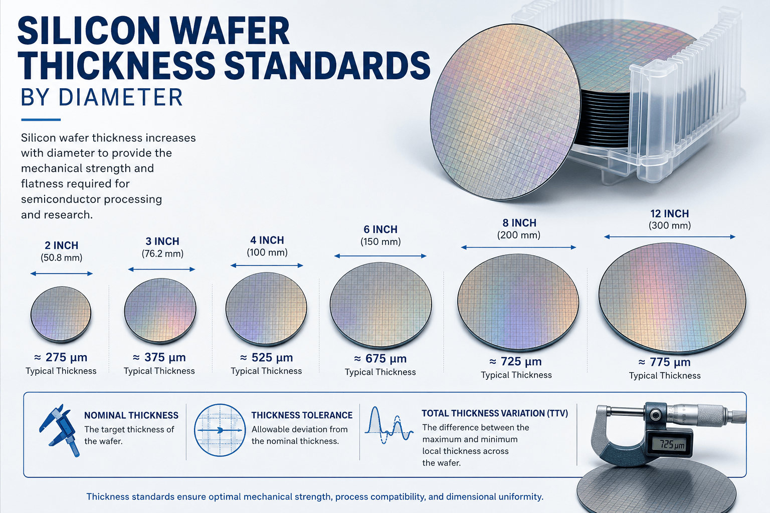 Silicon wafer thickness standards by diameter showing typical thicknesses for 2-inch, 3-inch, 4-inch, 6-inch, 8-inch, and 12-inch silicon wafers