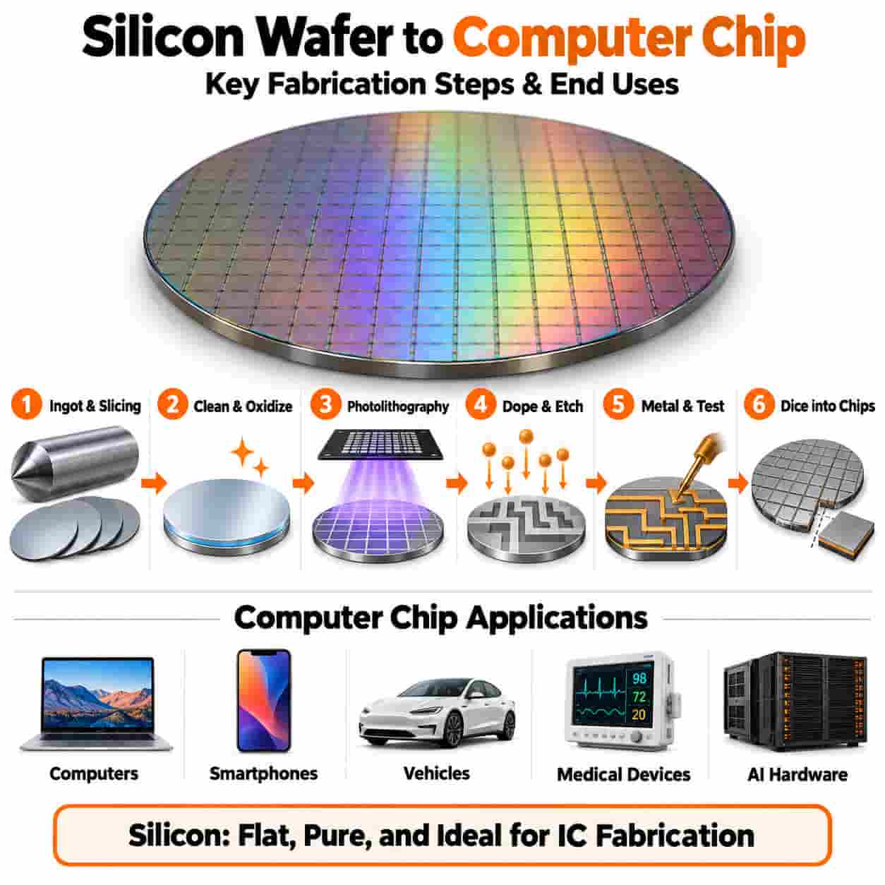 Silicon wafer fabrication steps from ingot slicing and photolithography to computer chip applications