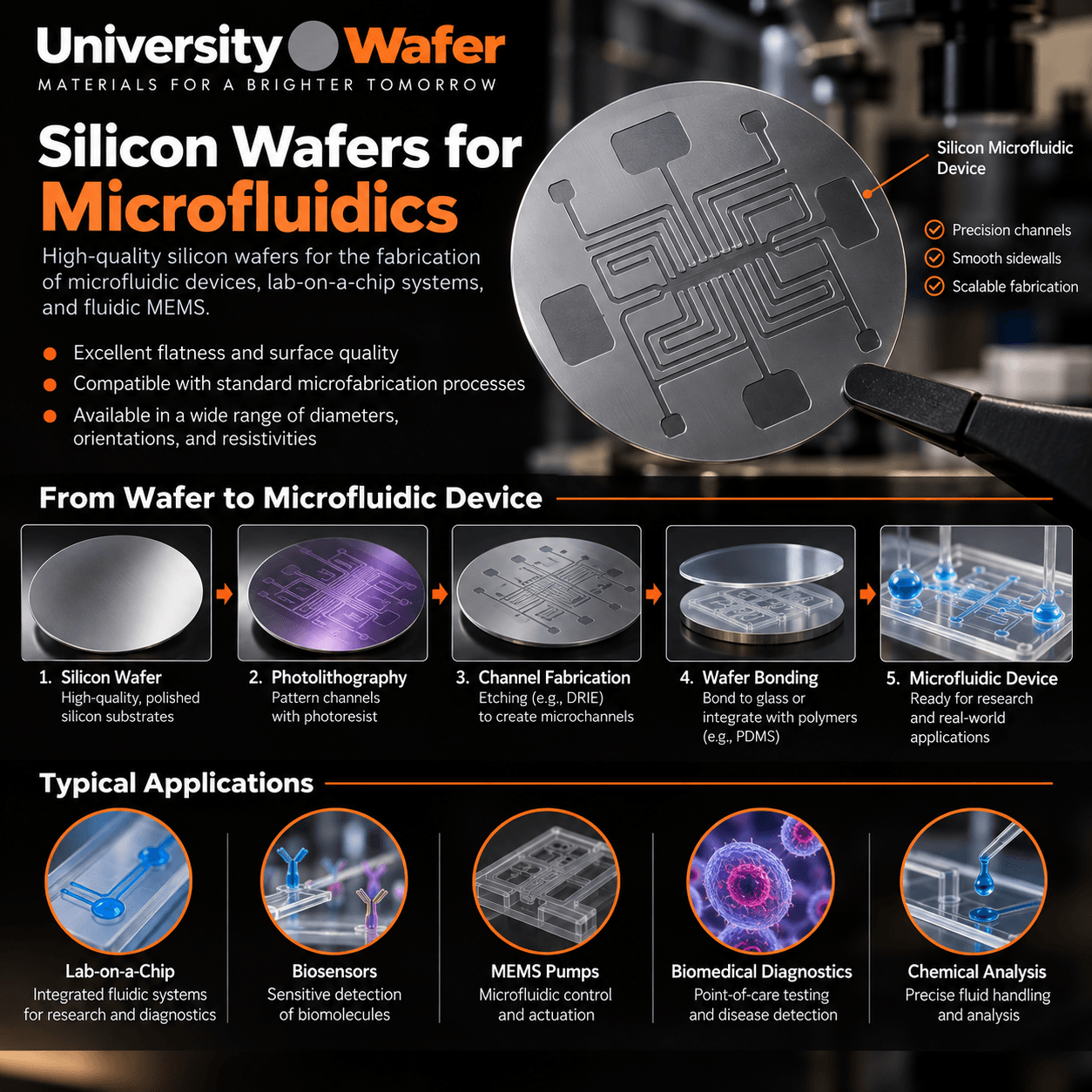 Silicon wafer applications for microfluidic devices, lab-on-a-chip systems, biosensors, MEMS pumps, biomedical diagnostics, and chemical analysis