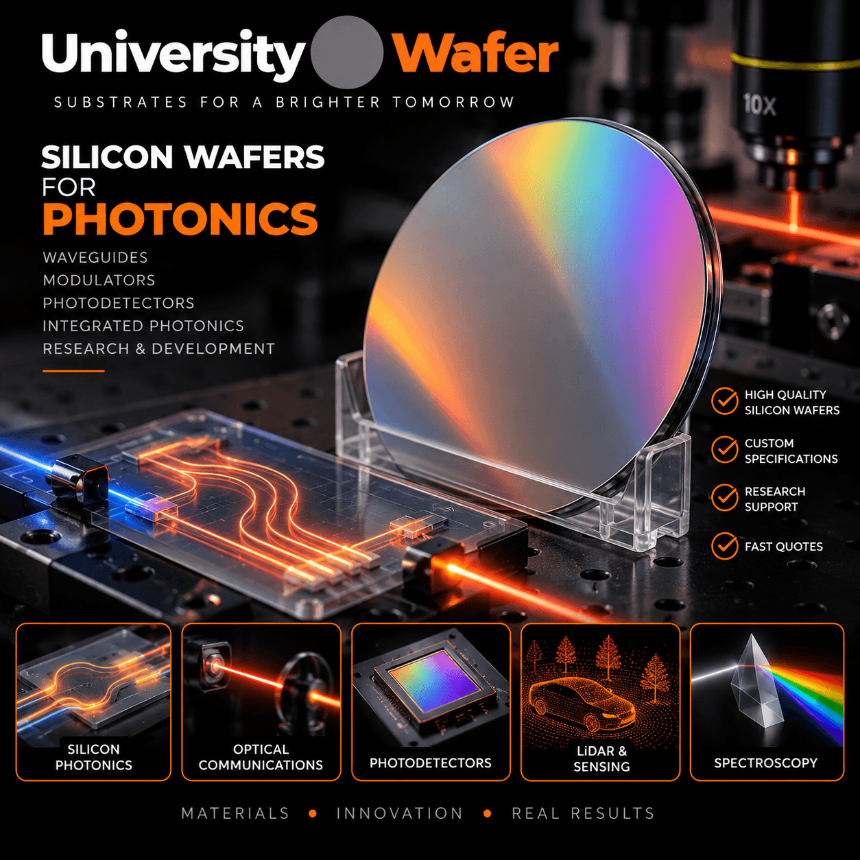 Silicon wafers for photonics applications including waveguides, optical communications, photodetectors, LiDAR, sensing, and spectroscopy