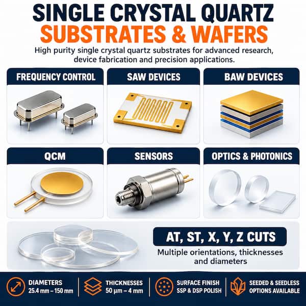 Single crystal quartz substrate applications including frequency control, SAW and BAW devices, QCM sensors, photonics, MEMS, research and piezoelectric devices