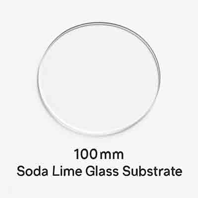 100mm Soda Lime Glass Substrate 100mm soda lime glass substrate, transparent circular wafer on white background with polished edges