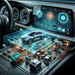 soi wafers for electronics in the automotive industry, featuring a modern car dashboard and various electronic components.