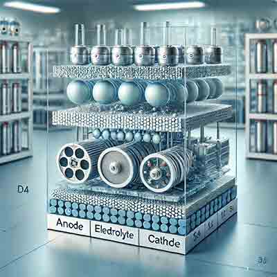 Solid Oxide Fuel Cells (SOFCs), highlighting their internal structure, including anode, electrolyte, and cathode layers, in a modular design suitable for industrial applications.