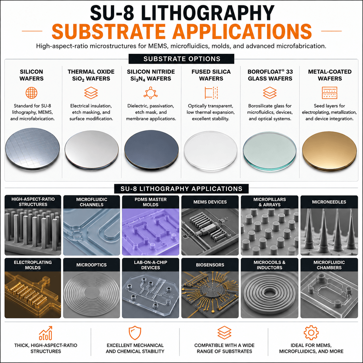 SU-8 lithography substrate applications including silicon wafers, thermal oxide, silicon nitride, fused silica, Borofloat glass, metal-coated wafers, MEMS, microfluidics, PDMS molds and high-aspect-ratio structures