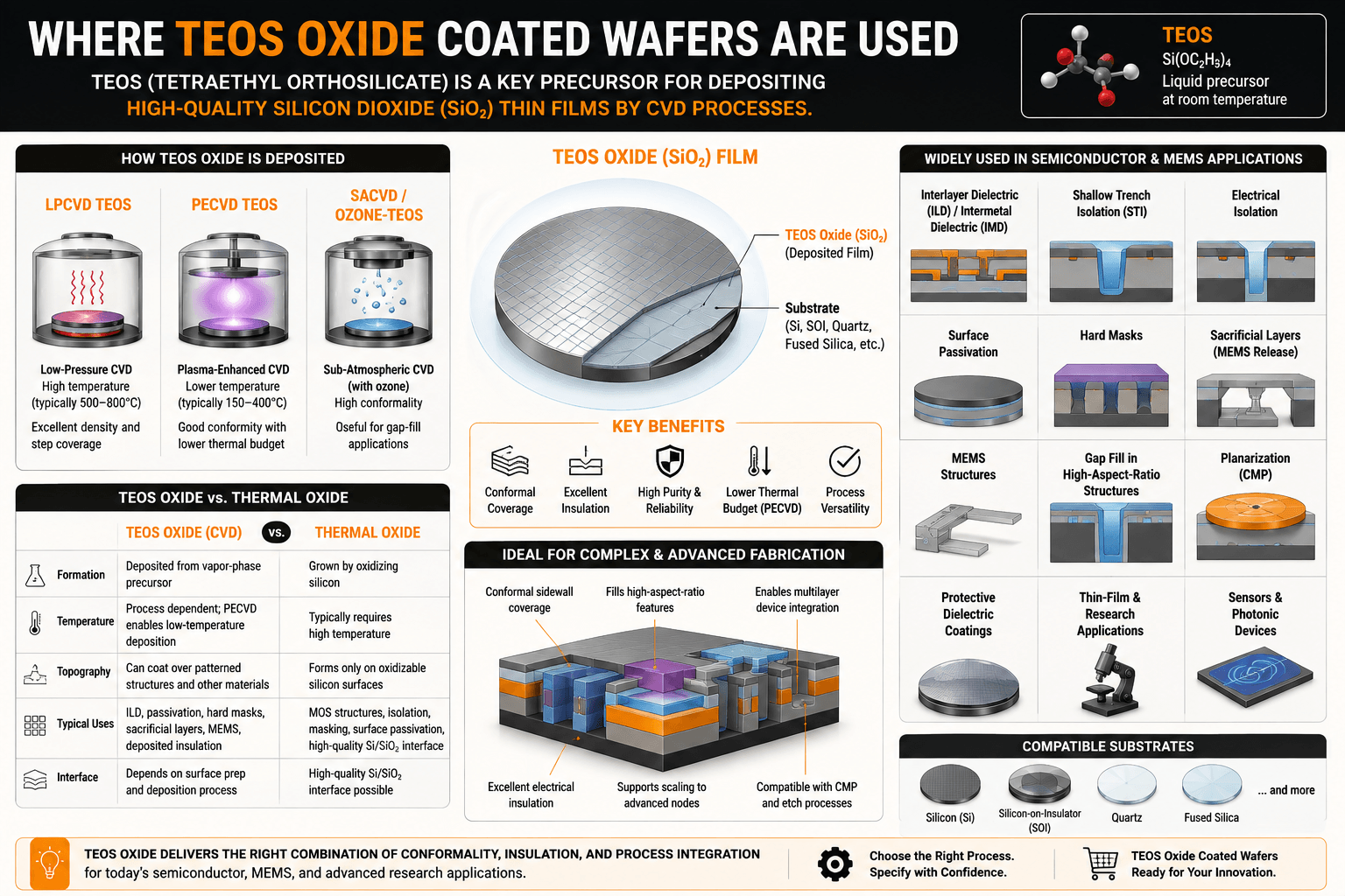 TEOS oxide coated wafer applications including semiconductor dielectrics, shallow trench isolation, MEMS sacrificial layers, hard masks, CMP, sensors and photonic devices