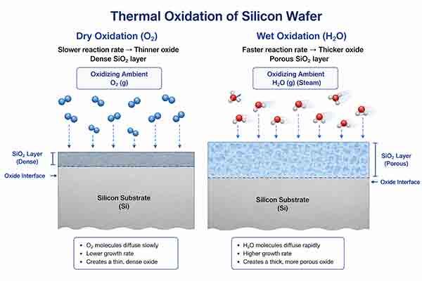 Diagram comparing dry oxidation and wet oxidation on a silicon wafer with silicon substrate and silicon dioxide layers