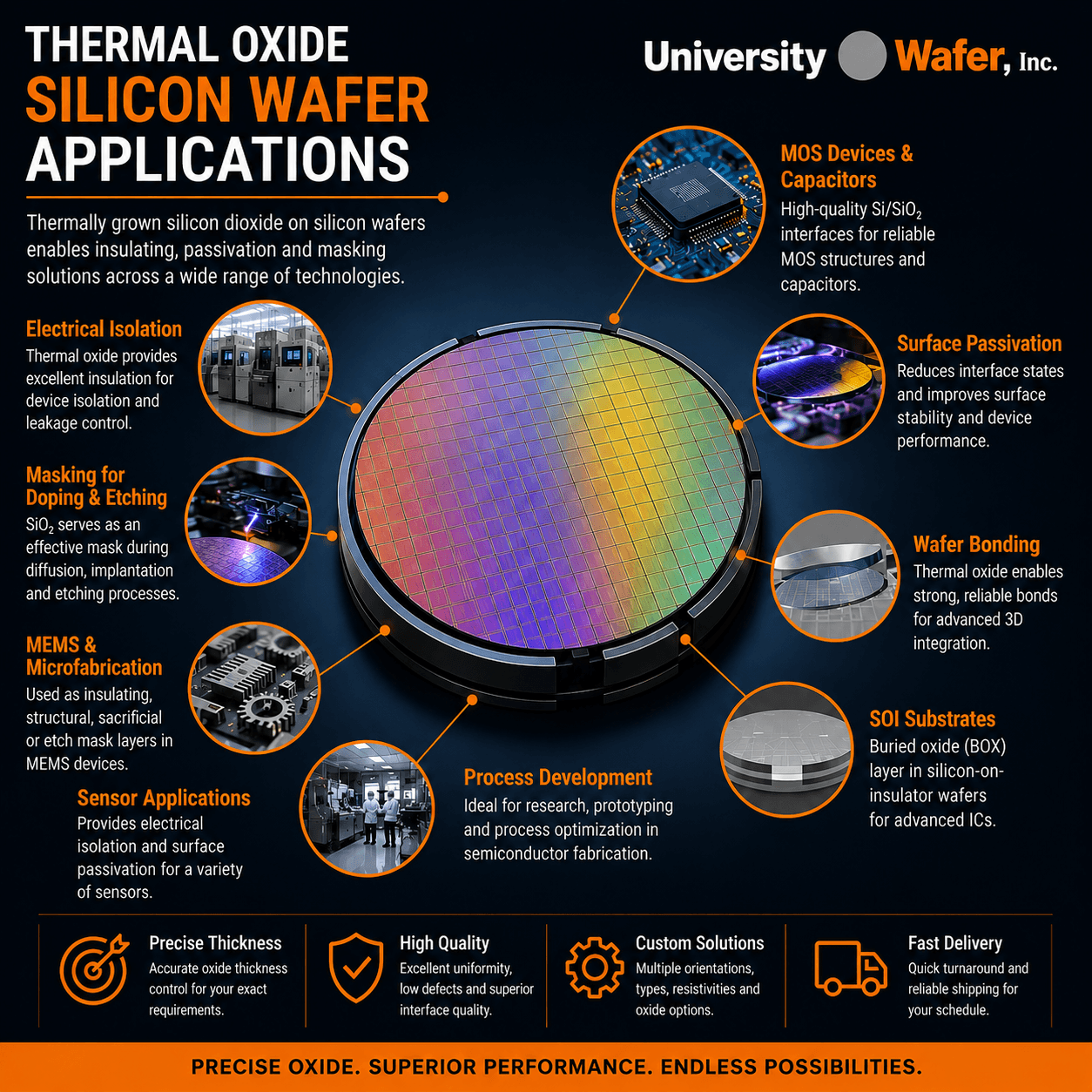 Thermal oxide silicon wafer applications including electrical isolation, masking, MEMS, sensors, MOS devices, surface passivation, wafer bonding and SOI substrates