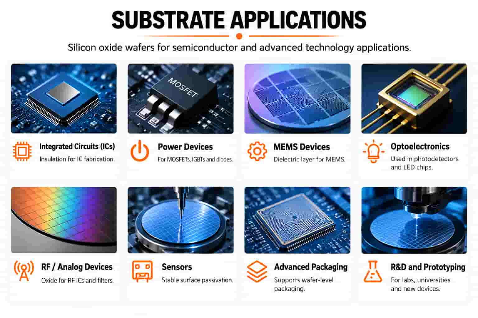 Thermal oxide silicon wafer applications including integrated circuits, power devices, MEMS, optoelectronics, sensors, RF devices, advanced packaging and semiconductor research