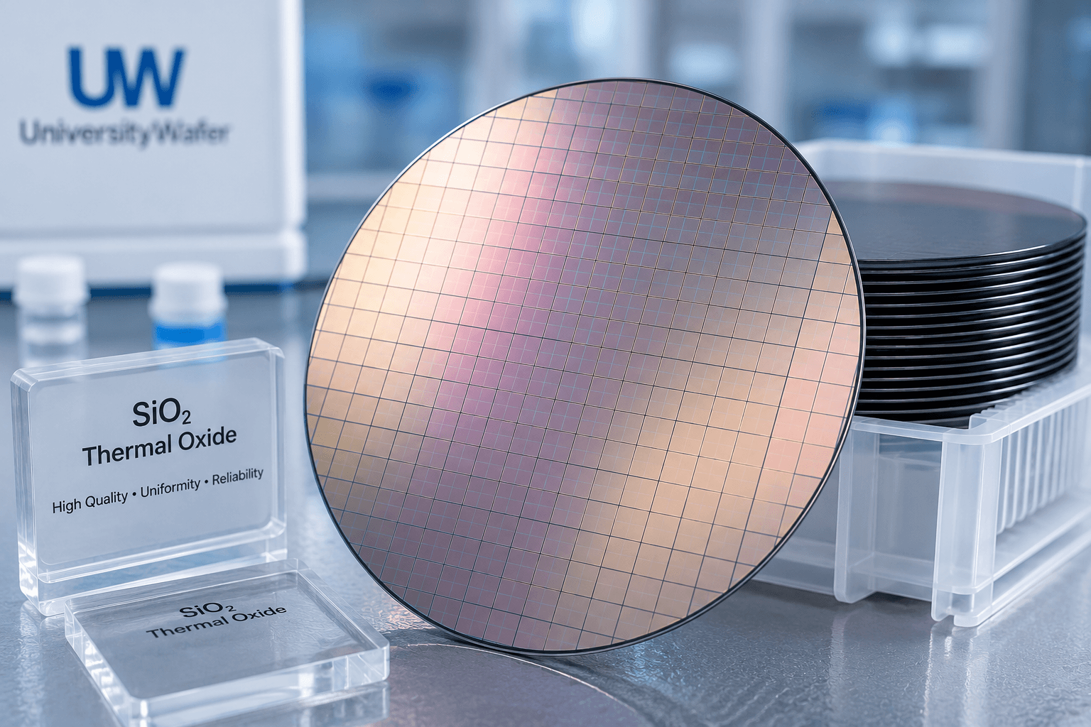 Thermal oxide silicon wafer showing silicon dioxide layer and semiconductor applications