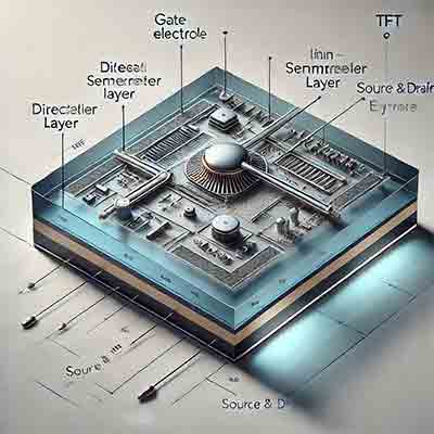 thin-film transistor (TFT) structure, displaying its main components on a transparent substrate