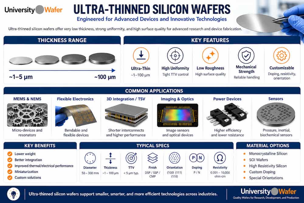 Ultra-thinned silicon wafers infographic showing applications in MEMS, flexible electronics, 3D integration, imaging, power devices, sensors, and advanced semiconductor research