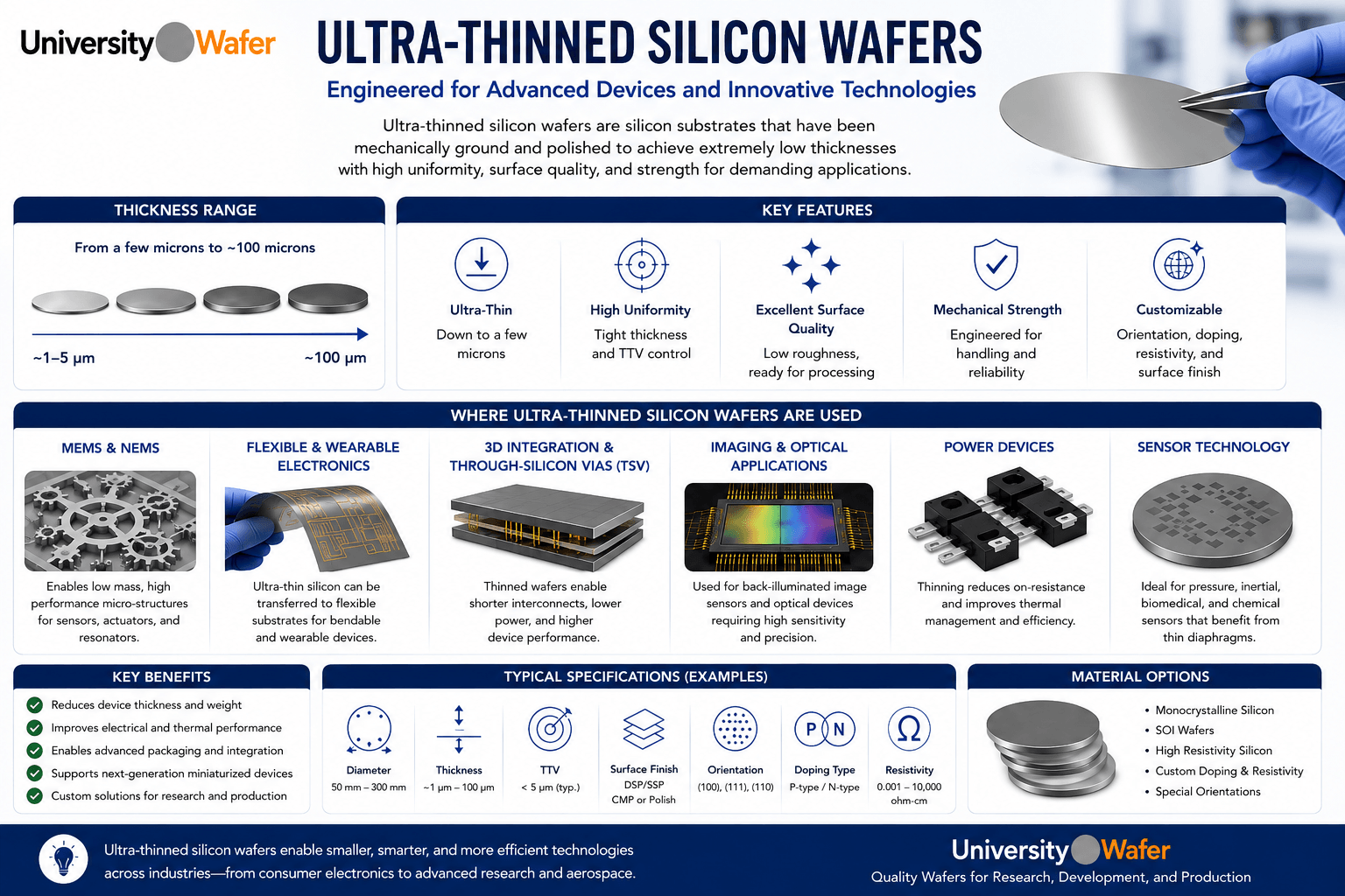 Ultra-thinned silicon wafers infographic showing applications in MEMS, flexible electronics, 3D integration, imaging, power devices, sensors, and advanced semiconductor research