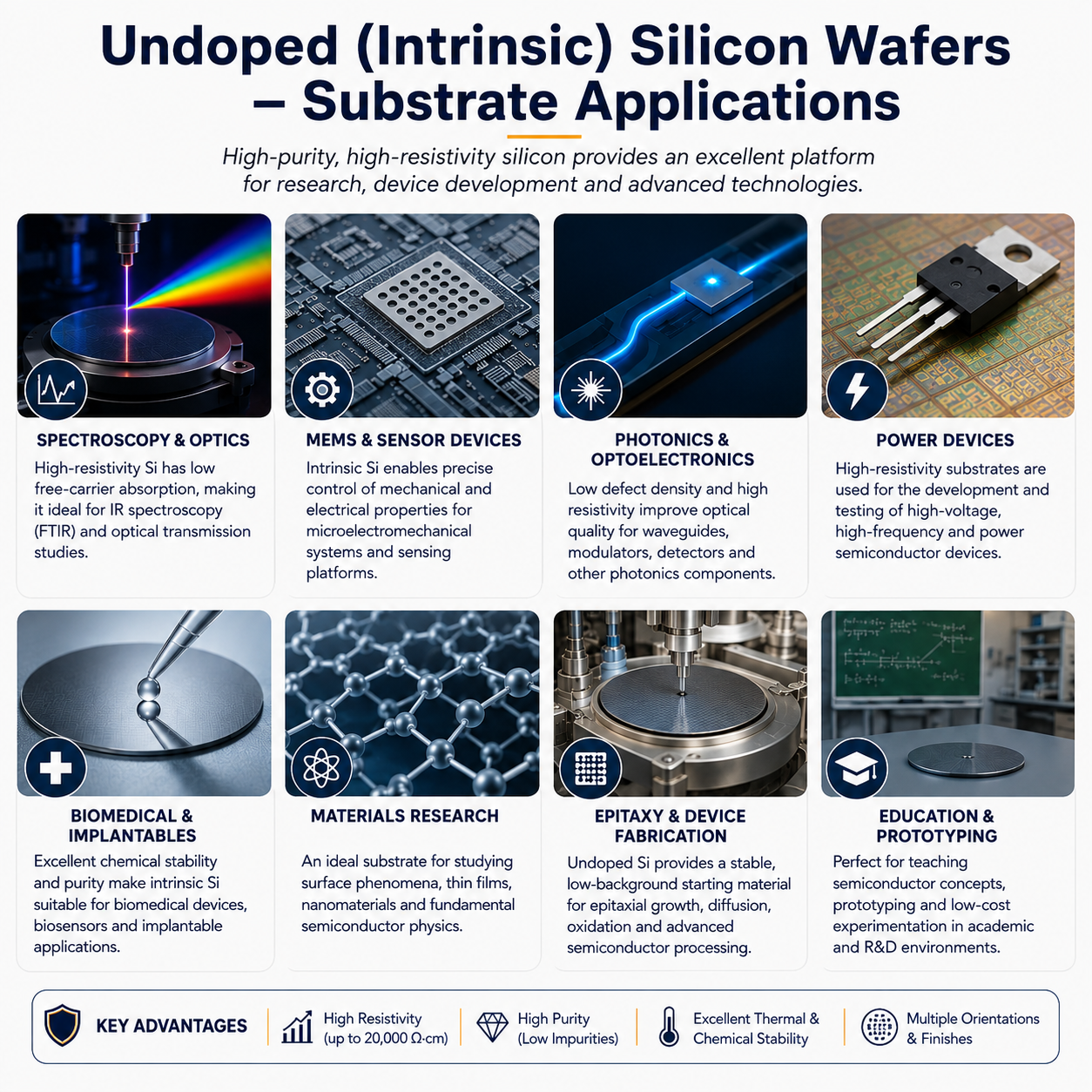 Undoped high-resistivity silicon wafer applications including spectroscopy, MEMS, photonics, materials research, semiconductor fabrication and prototyping