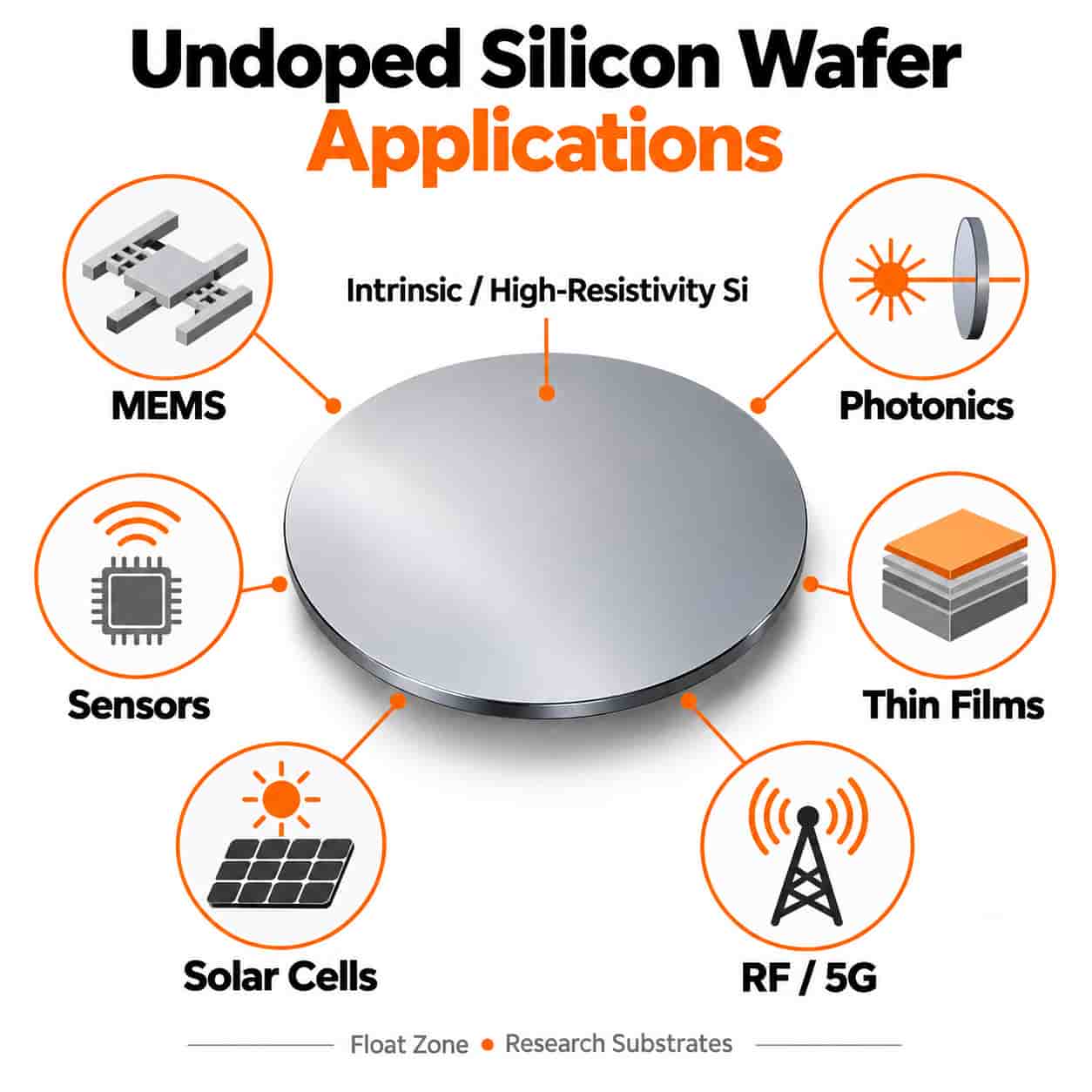 Undoped silicon wafer substrate applications including MEMS, photonics, sensors, thin films, solar cells, and RF 5G research