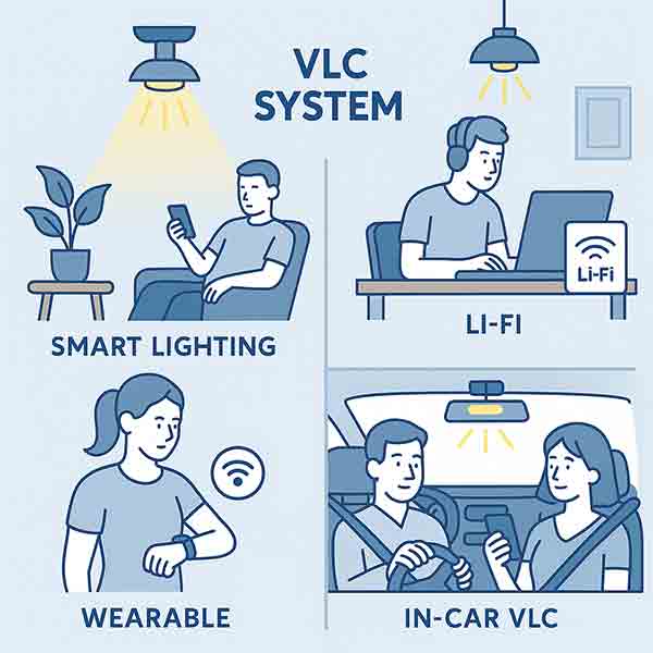 Visible Light Communication Applications: Smart Lighting, Li-Fi, Wearables, and In-Car VLC applications of Visible Light Communication (VLC) including smart lighting, Li-Fi for workspaces, wearable devices, and in-car communication