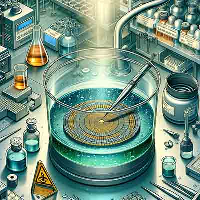  image depicting the wet etching process in semiconductor manufacturing. It illustrates the various components and steps involved, including the semiconductor wafer, the chemical solution, and the safety equipment.