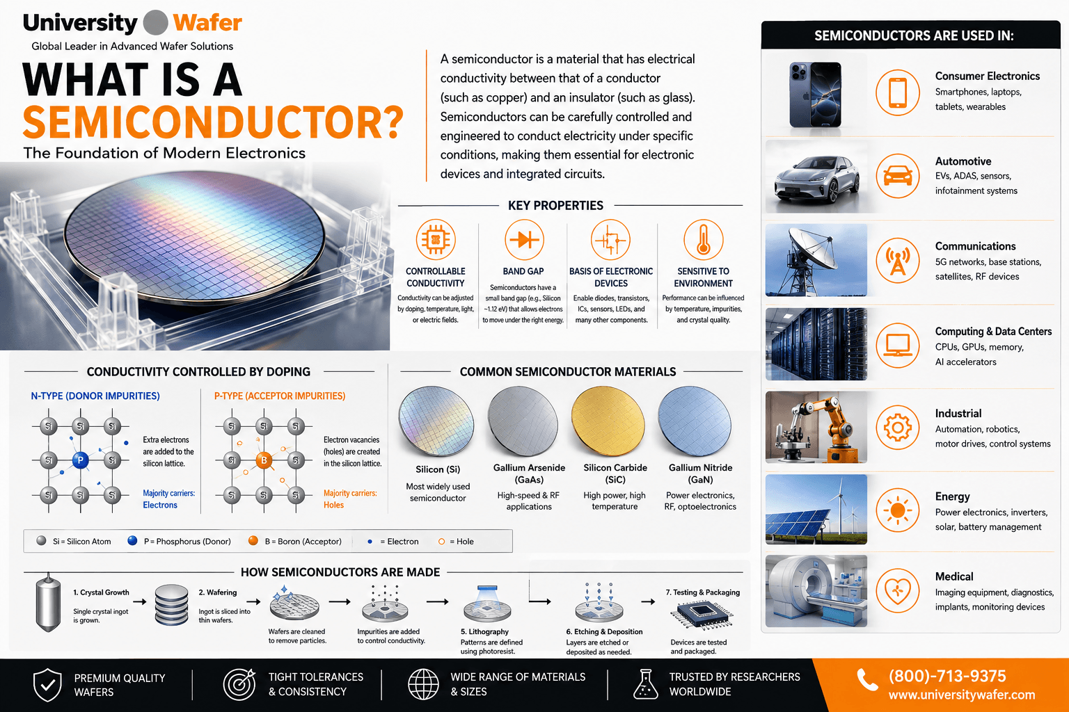 What is a semiconductor infographic showing silicon, gallium arsenide, silicon carbide and gallium nitride materials, semiconductor doping, manufacturing and applications