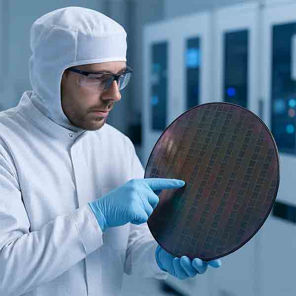 Yield Engineer Working with Silicon Wafer in Cleanroom Environment Yield engineer inspecting a silicon wafer in a cleanroom