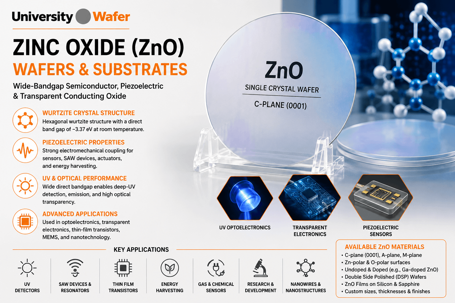 Zinc oxide ZnO wafers and substrates for UV optoelectronics, piezoelectric sensors, transparent electronics, MEMS and semiconductor research